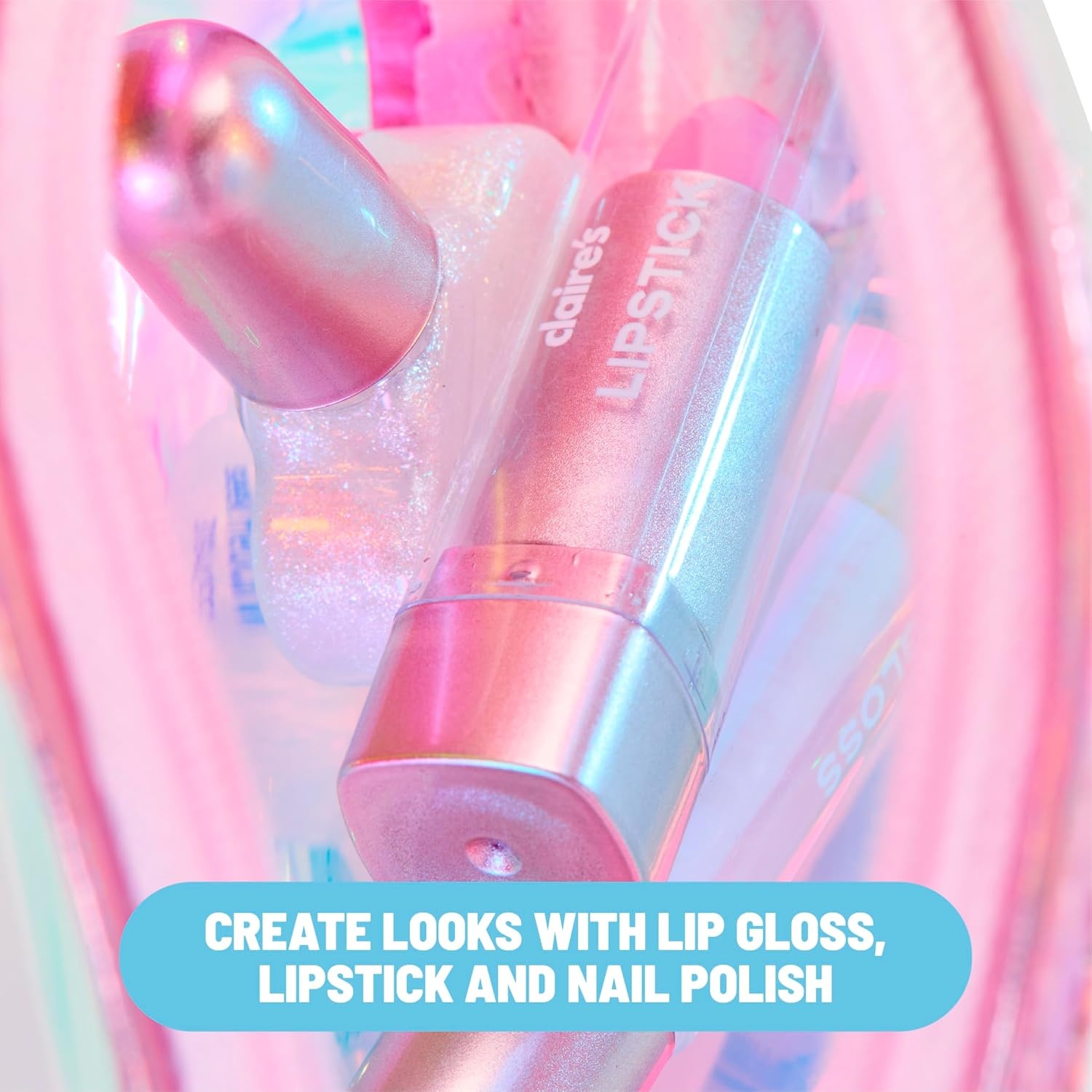 image:imageClaires Glam Essentials Kids Makeup Kit 4Piece Real Cosmetic Set with Mini Pouch Lip Gloss Lipstick amp Nail Polish Pretend Play Make Up for Kids Ages 6 Girl Toys amp Beauty Activity Gift