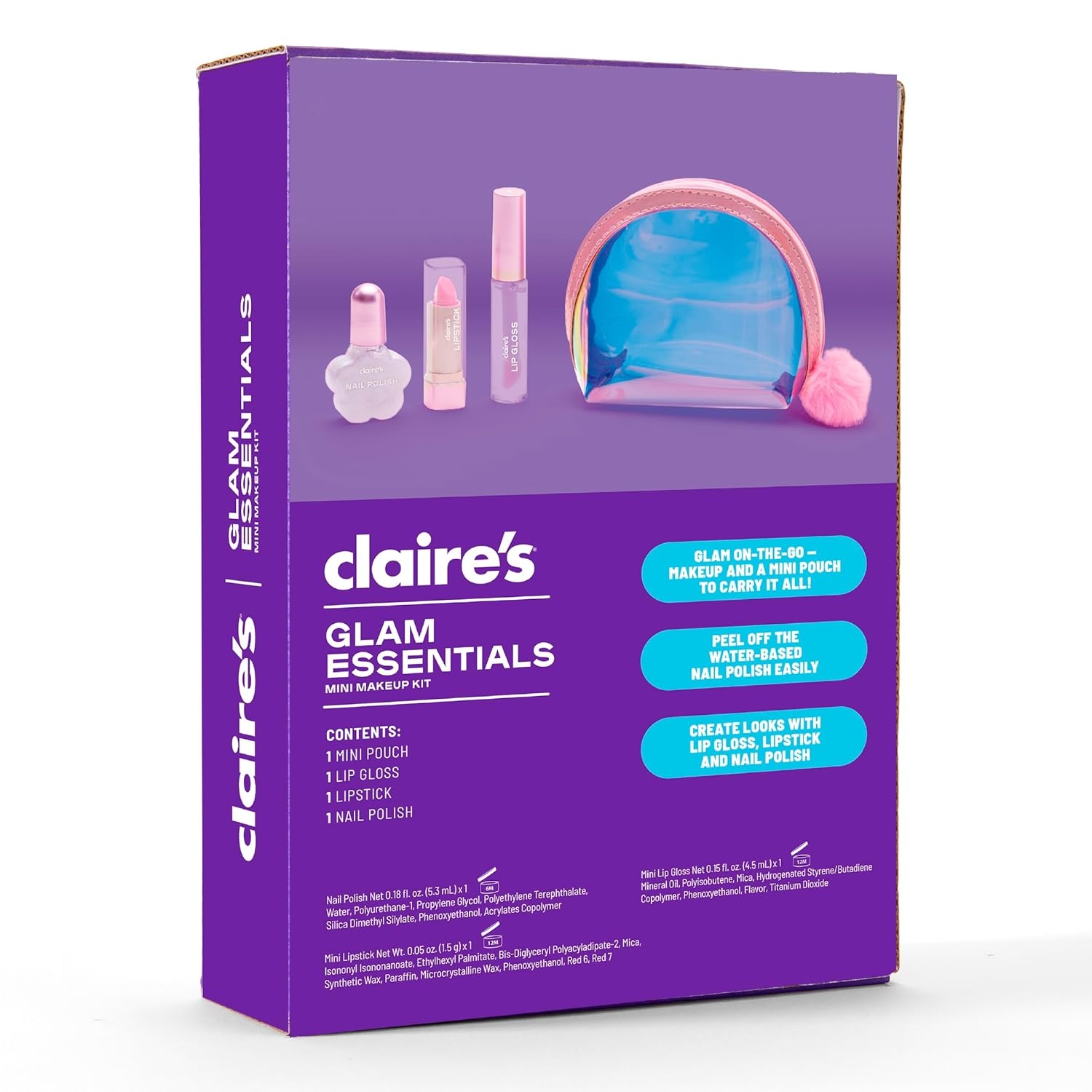 image:imageClaires Glam Essentials Kids Makeup Kit 4Piece Real Cosmetic Set with Mini Pouch Lip Gloss Lipstick amp Nail Polish Pretend Play Make Up for Kids Ages 6 Girl Toys amp Beauty Activity Gift