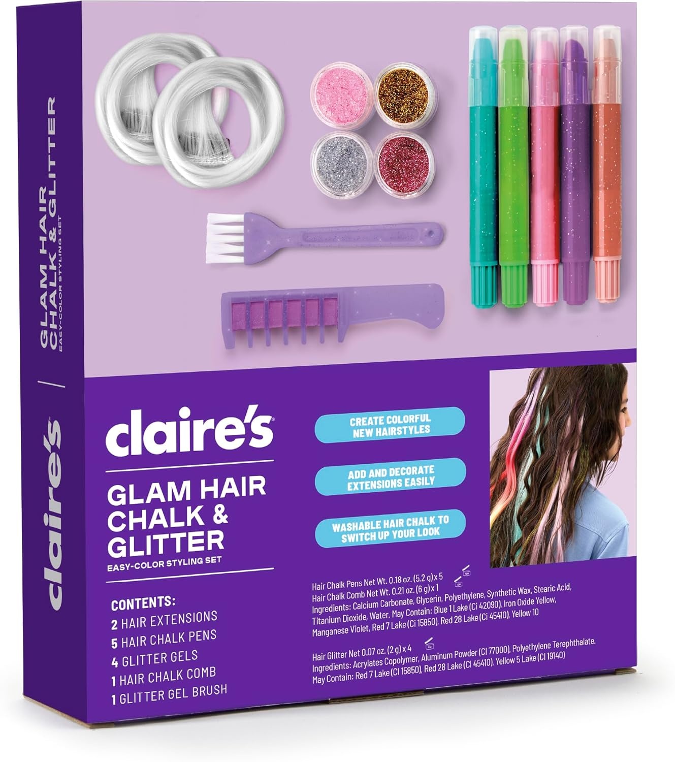 image:imageClaires Hair Chalk amp Glitter Styling Kit 13Piece Temporary Hair Color Set with Washable Chalk Pens Glitter Gels Clipin Extensions amp Tools Girl Toys amp Beauty Activity Fashion Craft Gift Ages 6