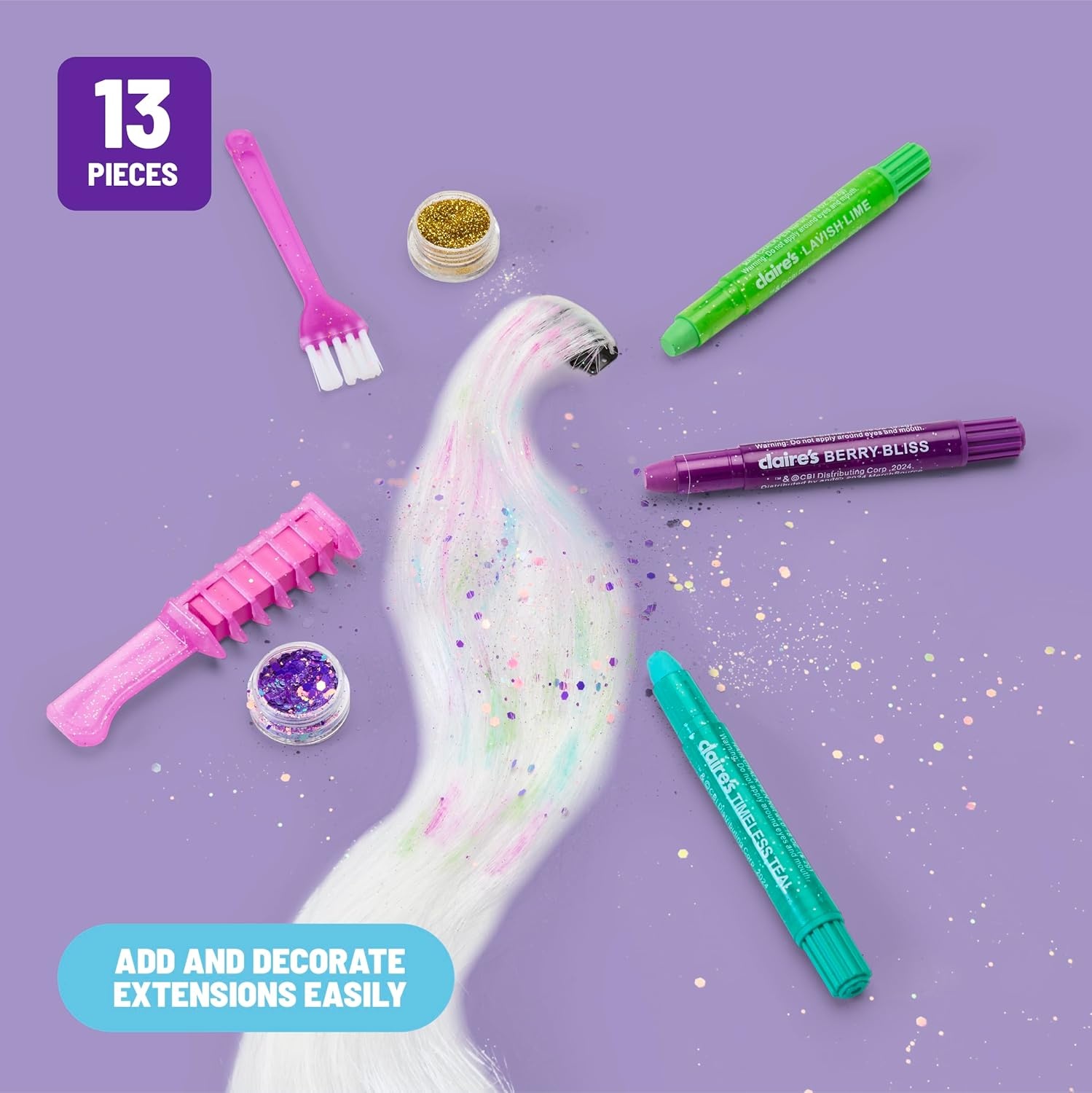 image:imageClaires Hair Chalk amp Glitter Styling Kit 13Piece Temporary Hair Color Set with Washable Chalk Pens Glitter Gels Clipin Extensions amp Tools Girl Toys amp Beauty Activity Fashion Craft Gift Ages 6