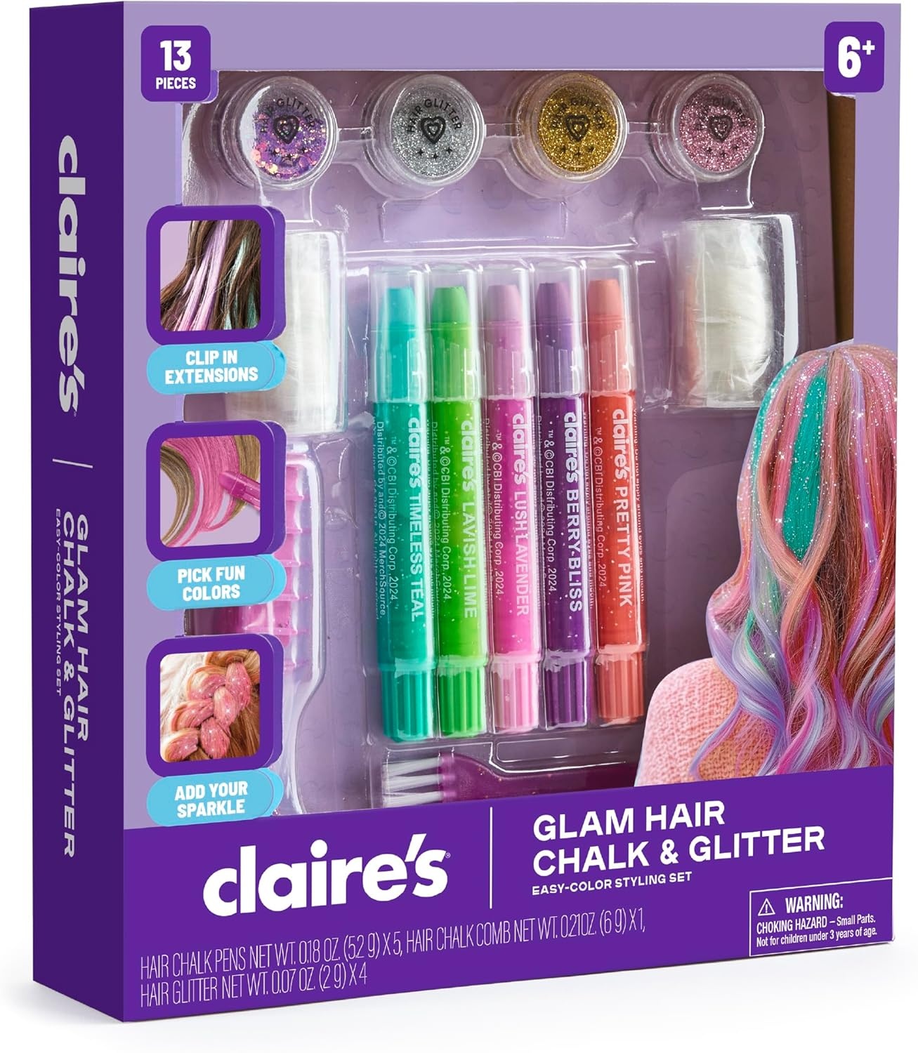 image:imageClaires Hair Chalk amp Glitter Styling Kit 13Piece Temporary Hair Color Set with Washable Chalk Pens Glitter Gels Clipin Extensions amp Tools Girl Toys amp Beauty Activity Fashion Craft Gift Ages 6