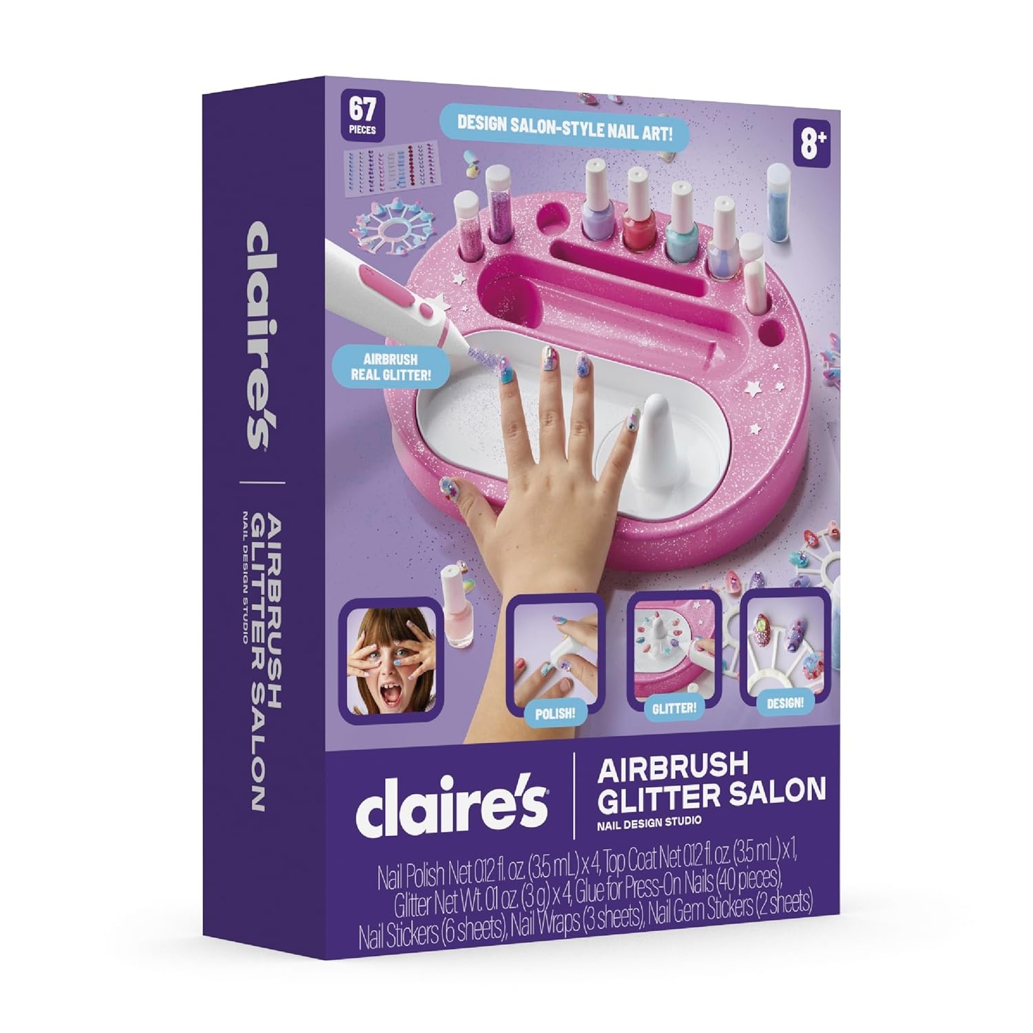 image:imageClaires Kids Nail Art Kit 67Piece Airbrush Glitter Salon Nail Charms amp Accessories Set Polish PressOn Nails Stickers Wraps Girl Toys amp Beauty Activity Manicure Fashion Gift for Girls Age 8