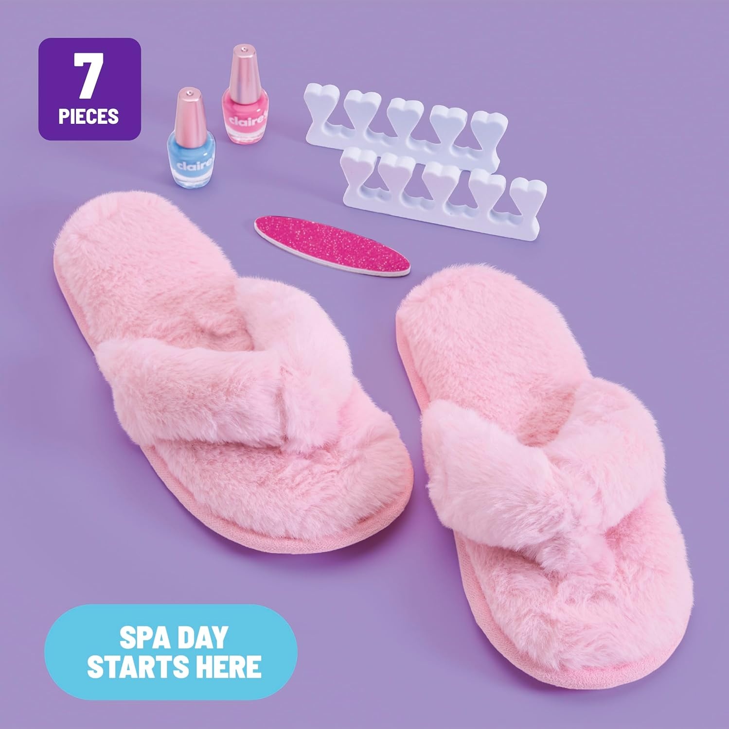 image:imageClaires Kids Pedicure Kit 7Piece Home Spa Set with Fuzzy Slippers Nail Polish Toe Separators amp Nail File Kids Pedicure Tools for Feet Girl Toys amp Beauty Activity Gift for Girls Age 8