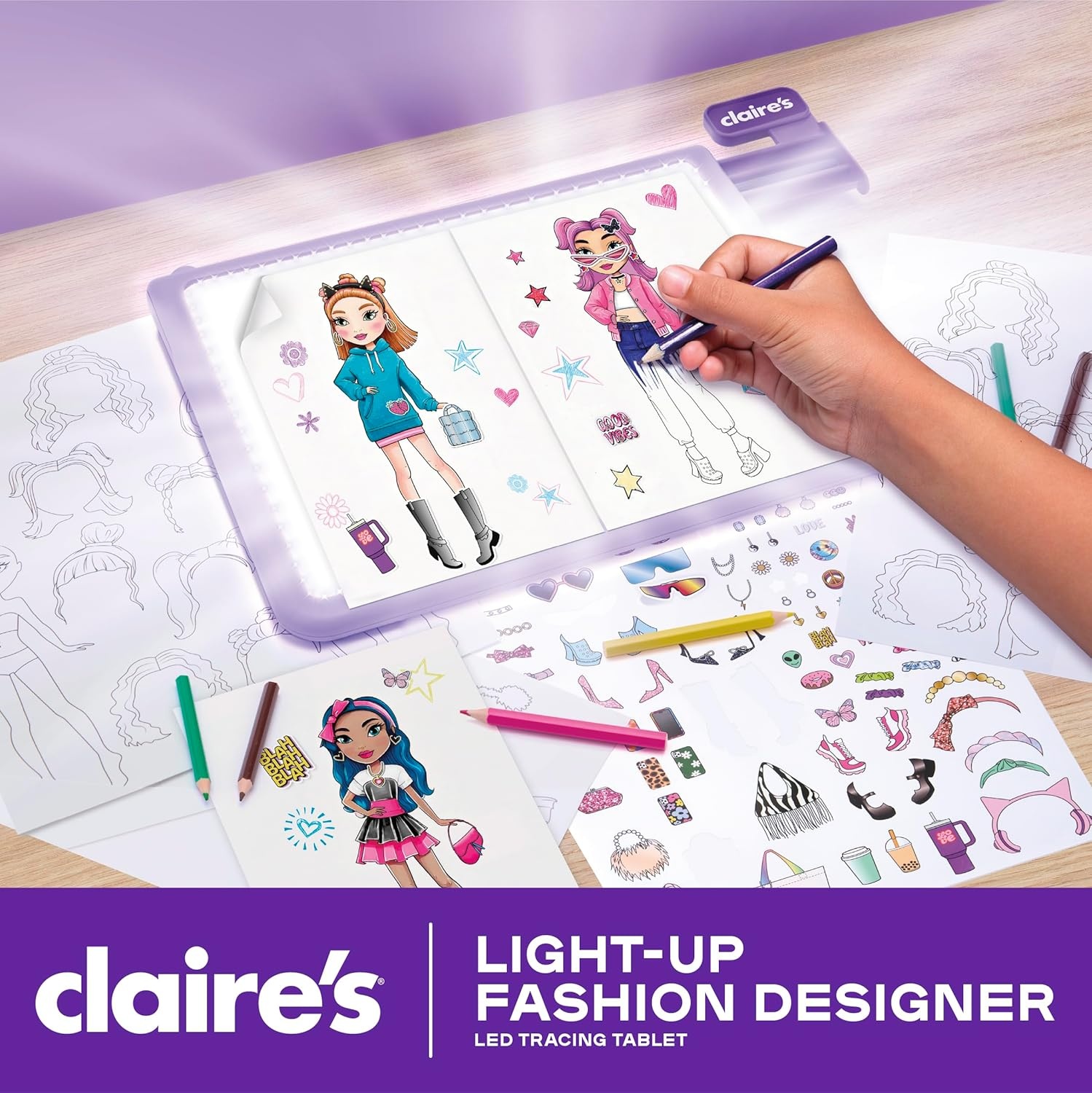image:imageClaires LightUp Fashion Designer LED Tracing Tablet 330Piece Arts amp Crafts Kit Fashion Templates Stickers Colored Pencils amp Paper Kids Coloring amp Drawing Board Activity Girls Toy GiftAge 8