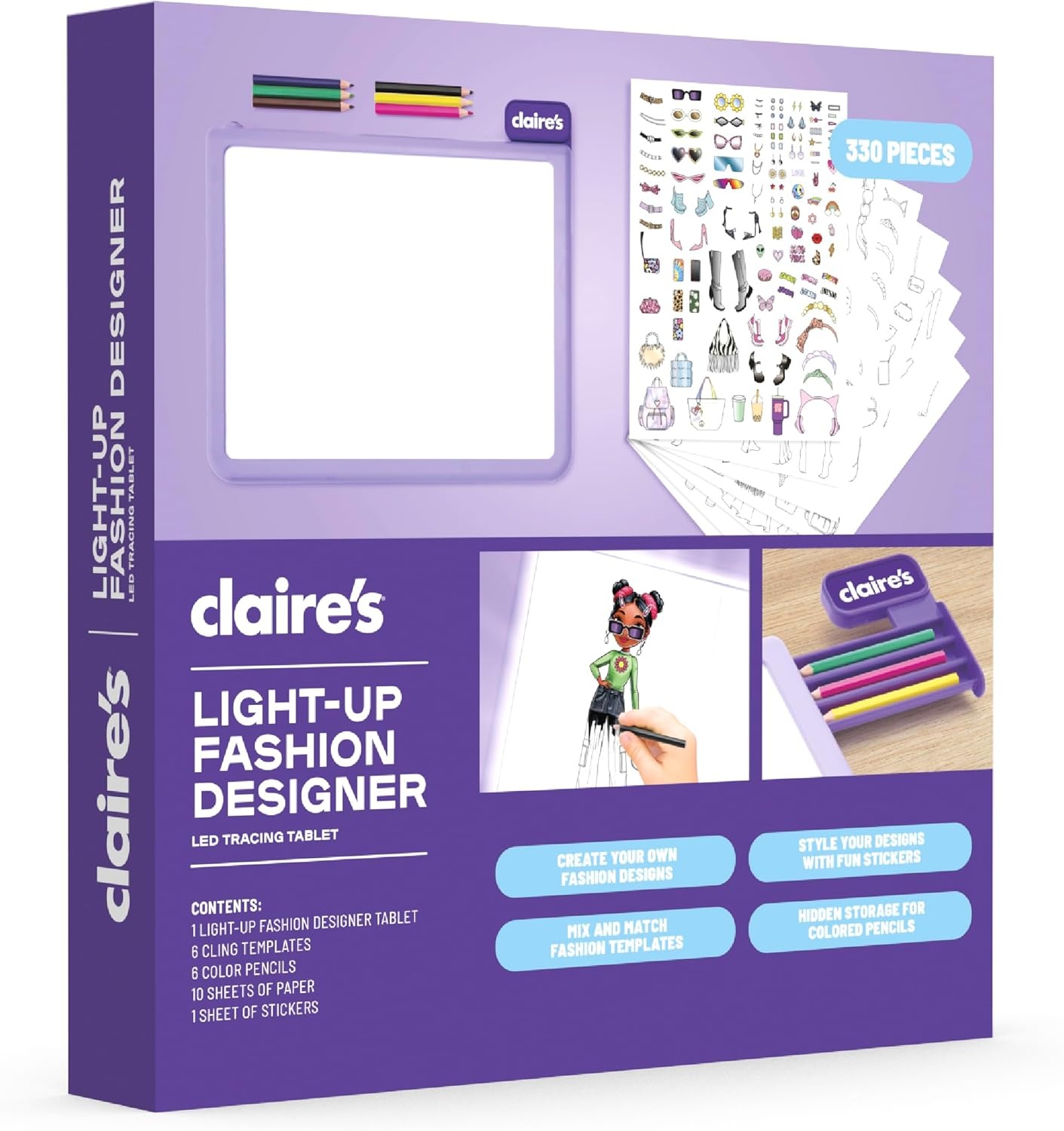 image:imageClaires LightUp Fashion Designer LED Tracing Tablet 330Piece Arts amp Crafts Kit Fashion Templates Stickers Colored Pencils amp Paper Kids Coloring amp Drawing Board Activity Girls Toy GiftAge 8
