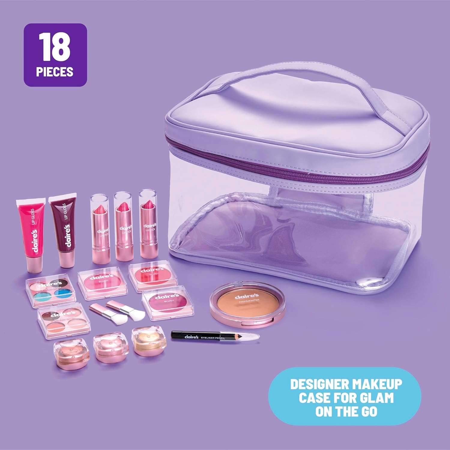 image:imageClaires Ultimate Makeup Kit 18Piece Real Cosmetic Set Makeup for Kids 812 Girl Toys amp Beauty Activity Gift with Lip Gloss Lipstick Eyeshadow Eyeliner Blush Highlighter amp Carry Case