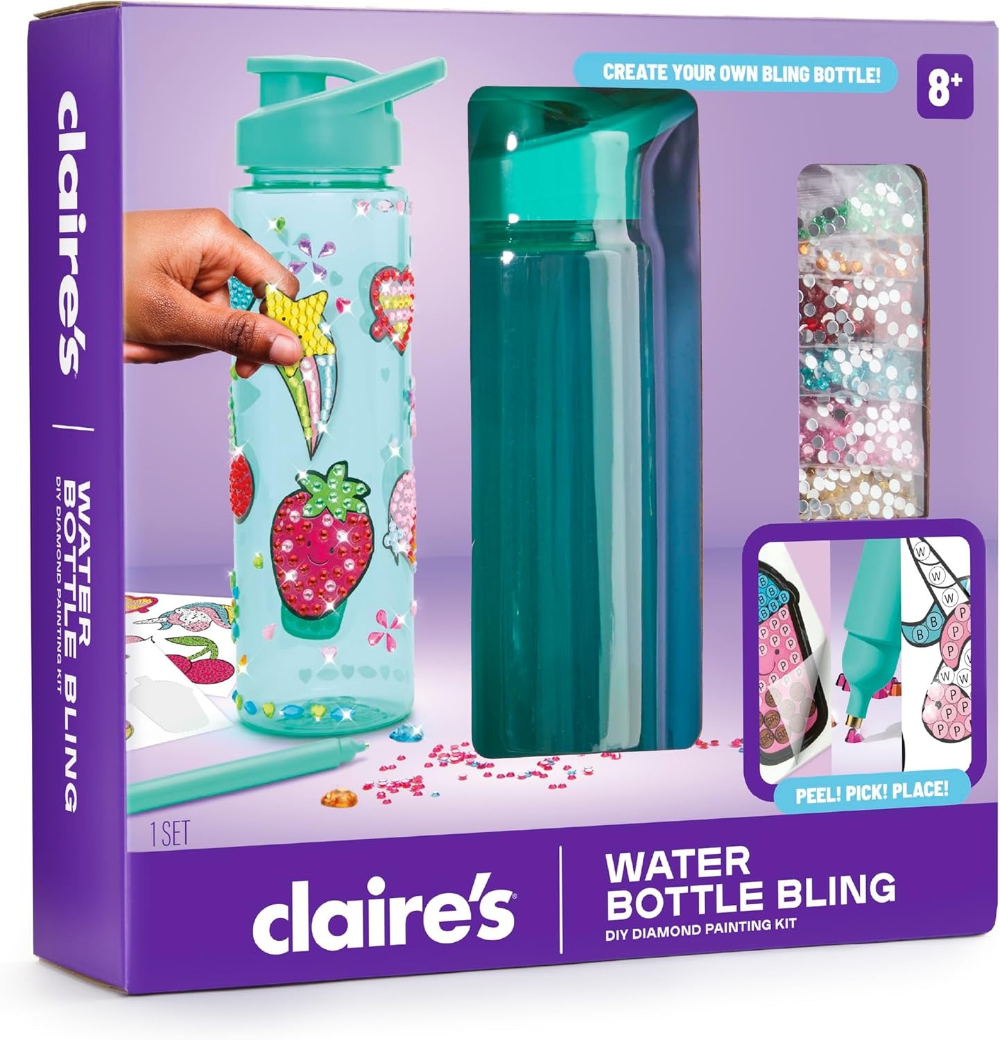 image:imageClaires Water Bottle Bling Decorating Set DIY Diamond Painting Kit 24 Oz BPAFree Bottle 990 Diamond Art Gems Unicorn Heart amp Fun Stickers Girl Toys Craft Kits for Gift Ages 8