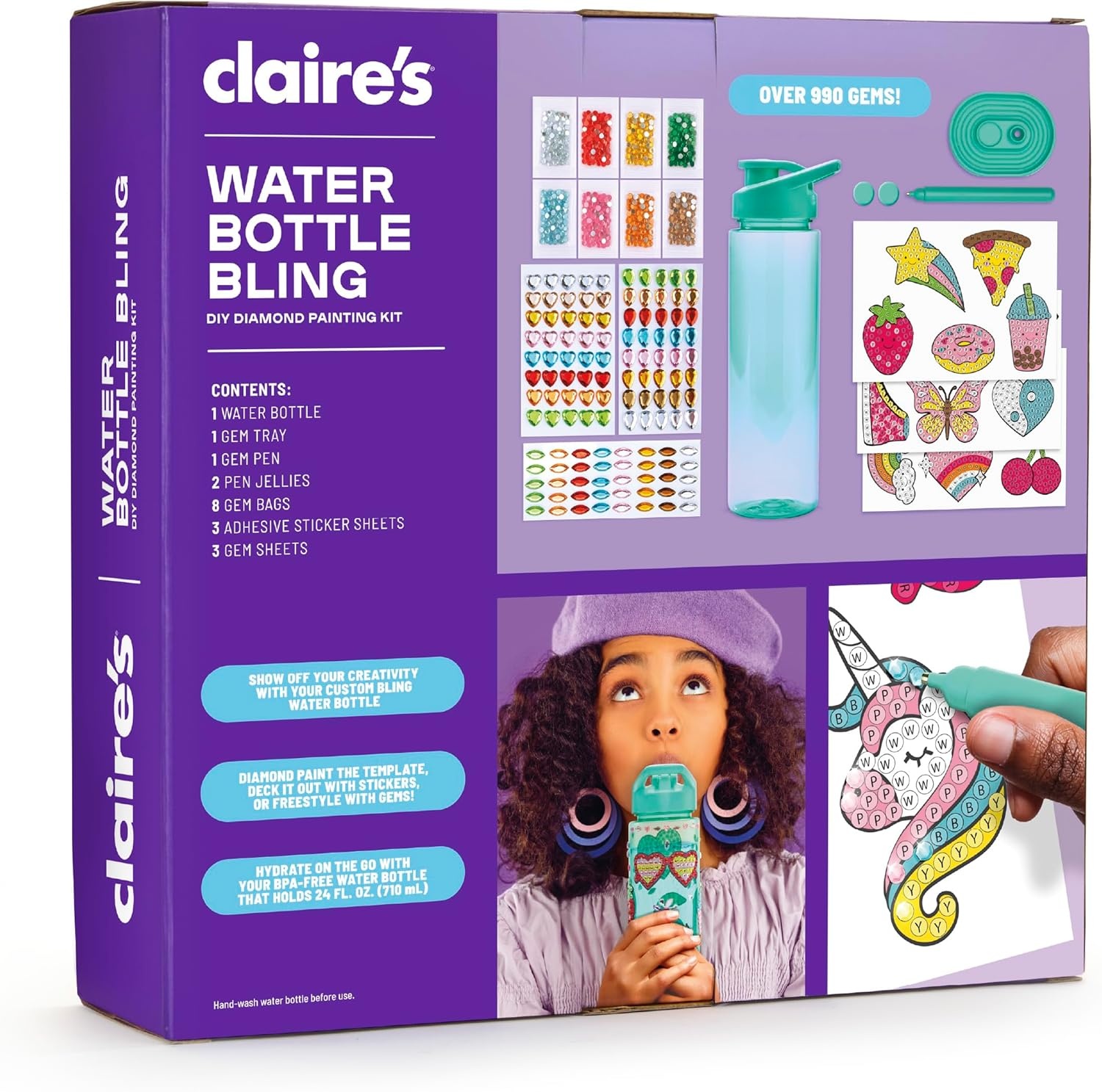 image:imageClaires Water Bottle Bling Decorating Set DIY Diamond Painting Kit 24 Oz BPAFree Bottle 990 Diamond Art Gems Unicorn Heart amp Fun Stickers Girl Toys Craft Kits for Gift Ages 8