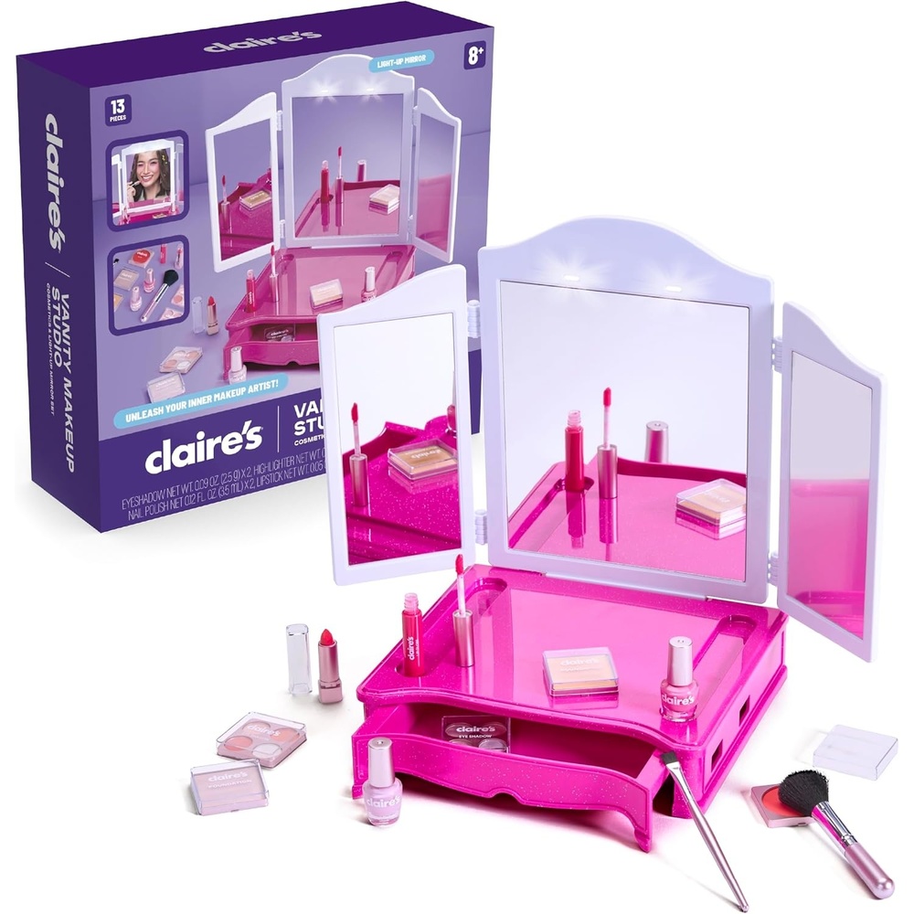 image:imageClaires Makeup Vanity with LightUp TriPanel Mirror 13Piece Real Cosmetic Set Pretend Play Makeup for Kids 812 Girl Toys amp Beauty Activity Gift with Lip Gloss Lipstick Nail Polish amp More