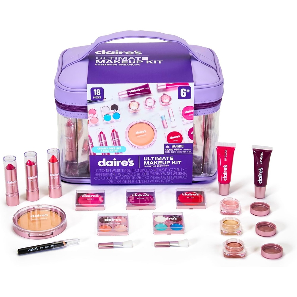 image:imageClaires Ultimate Makeup Kit 18Piece Real Cosmetic Set Makeup for Kids 812 Girl Toys amp Beauty Activity Gift with Lip Gloss Lipstick Eyeshadow Eyeliner Blush Highlighter amp Carry Case