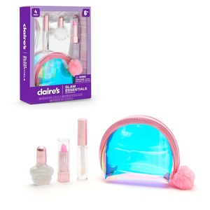 Claire’s Glam Essentials Kids Makeup Kit, 4-Piece Real Cosmetic Set with Mini Pouch, Lip Gloss, Lipstick & Nail Polish, Pretend Play Make Up for Kids Ages 6+, Girl Toys & Beauty Activity Gift