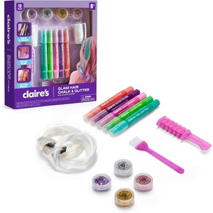Claire’s Hair Chalk & Glitter Styling Kit, 13-Piece Temporary Hair Color Set with Washable Chalk Pens, Glitter Gels, Clip-in Extensions & Tools, Girl Toys & Beauty Activity, Fashion Craft Gift Ages 6+